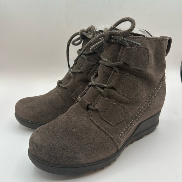 Women’s Sorel Evie Lace  MAJOR Wedge Boots Wmn's 7 Leather Suede Gray - Picture 4 of 11